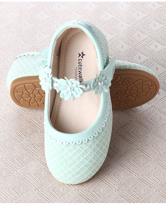 Cute Walk by Babyhug Velcro Closure Ballerina With Floral Applique & Checks Design - Sea Green