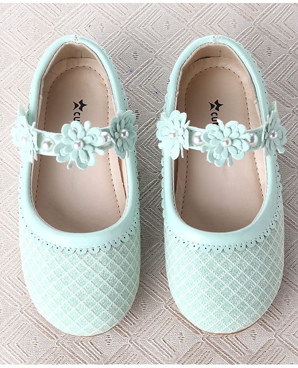 Cute Walk by Babyhug Velcro Closure Ballerina With Floral Applique & Checks Design - Sea Green