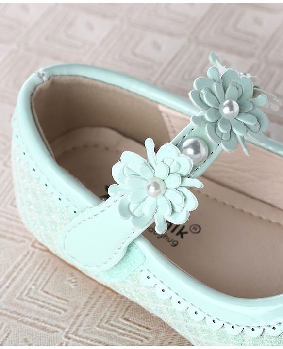 Cute Walk by Babyhug Velcro Closure Ballerina With Floral Applique & Checks Design - Sea Green