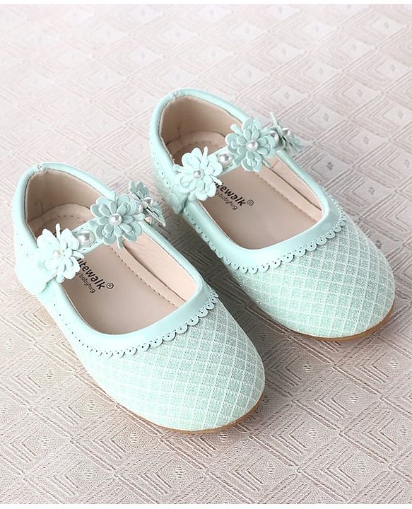 Cute Walk by Babyhug Velcro Closure Ballerina With Floral Applique & Checks Design - Sea Green