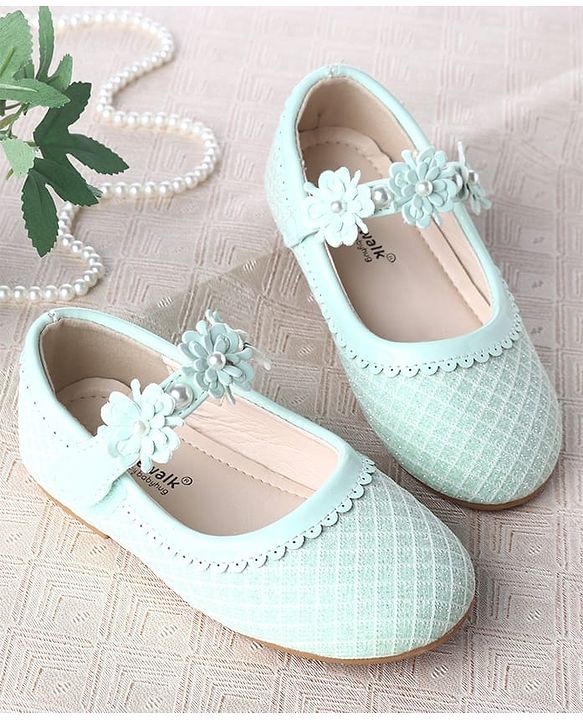 Cute Walk by Babyhug Velcro Closure Ballerina With Floral Applique & Checks Design - Sea Green