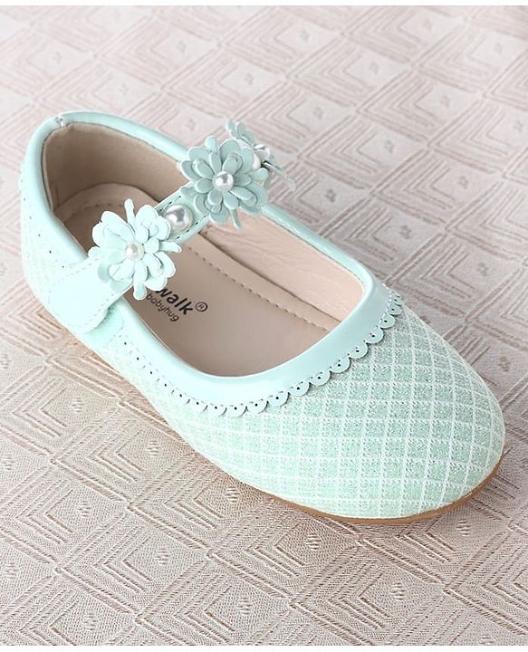 Cute Walk by Babyhug Velcro Closure Ballerina With Floral Applique & Checks Design - Sea Green
