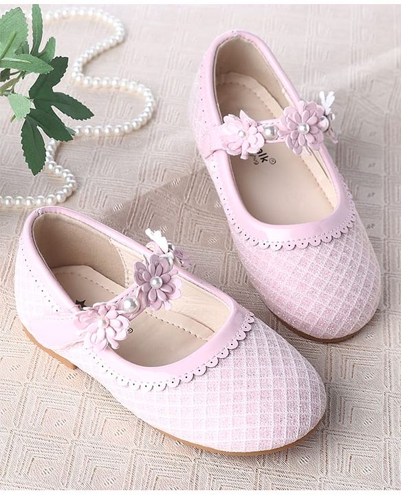 Cute Walk by Babyhug Velcro Closure Ballerina With Floral Applique & Checks Design - Sea Green