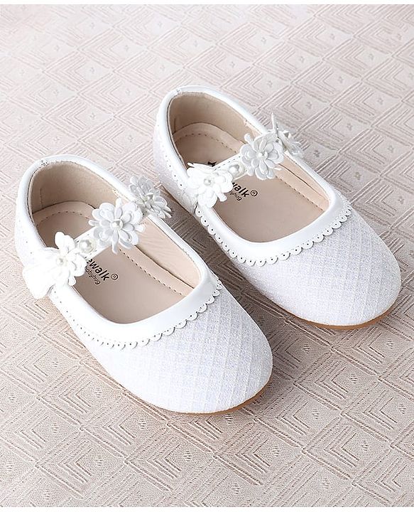 Cute Walk by Babyhug Velcro Closure Ballerina With Floral Applique & Checks Design - White