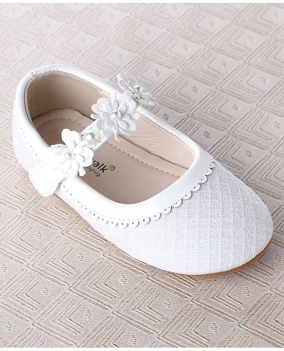Cute Walk by Babyhug Velcro Closure Ballerina With Floral Applique & Checks Design - White
