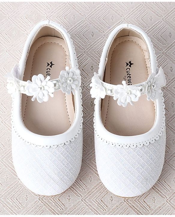 Cute Walk by Babyhug Velcro Closure Ballerina With Floral Applique & Checks Design - White
