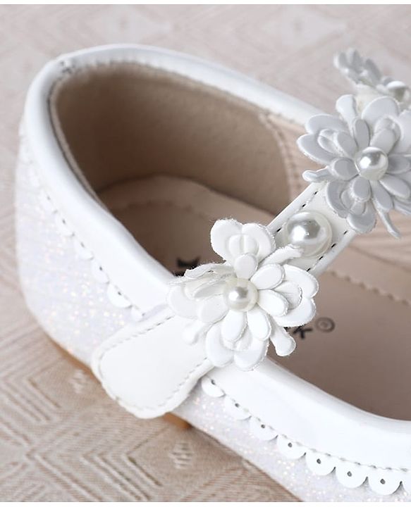 Cute Walk by Babyhug Velcro Closure Ballerina With Floral Applique & Checks Design - White