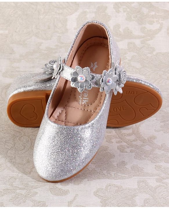 Cute Walk by Babyhug Velcro Closure Shimmery Ballerina with Floral Applique - Silver