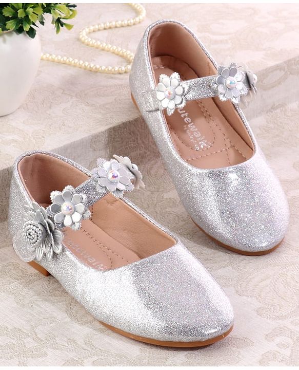 Cute Walk by Babyhug Velcro Closure Shimmery Ballerina with Floral Applique - Silver