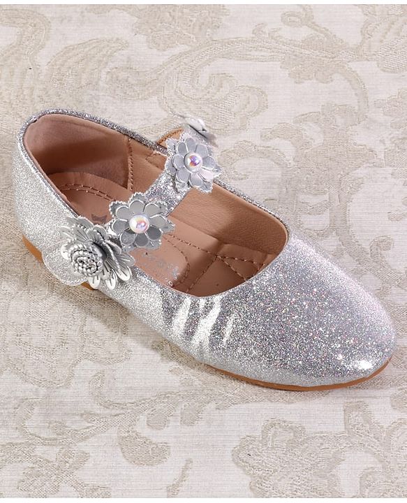 Cute Walk by Babyhug Velcro Closure Shimmery Ballerina with Floral Applique - Silver