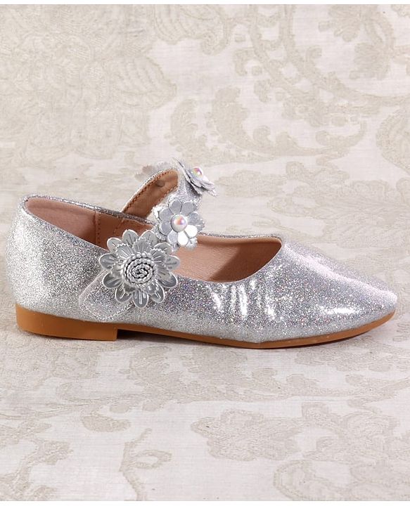 Cute Walk by Babyhug Velcro Closure Shimmery Ballerina with Floral Applique - Silver