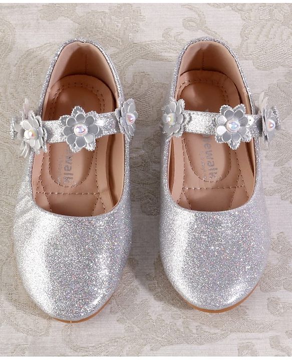 Cute Walk by Babyhug Velcro Closure Shimmery Ballerina with Floral Applique - Silver