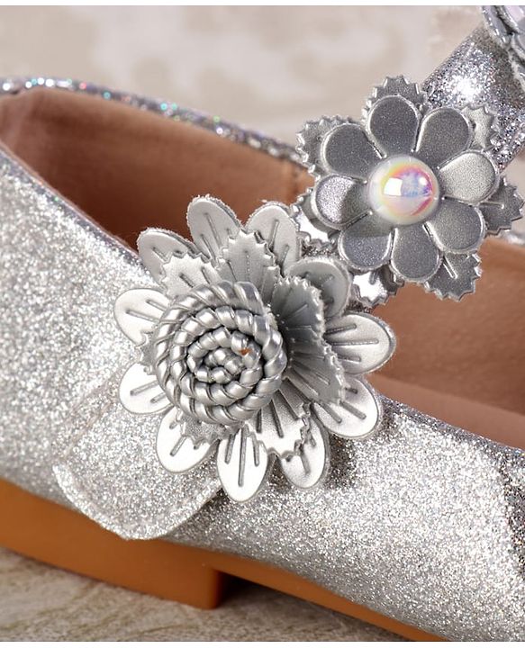 Cute Walk by Babyhug Velcro Closure Shimmery Ballerina with Floral Applique - Silver