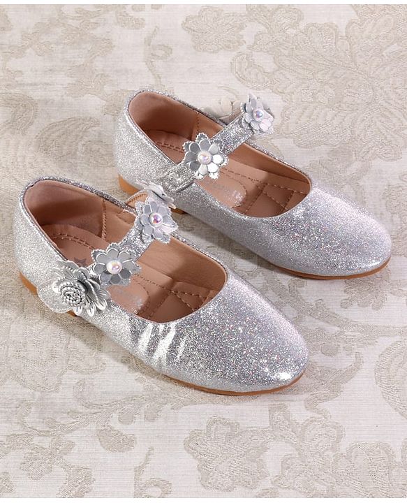Cute Walk by Babyhug Velcro Closure Shimmery Ballerina with Floral Applique - Silver
