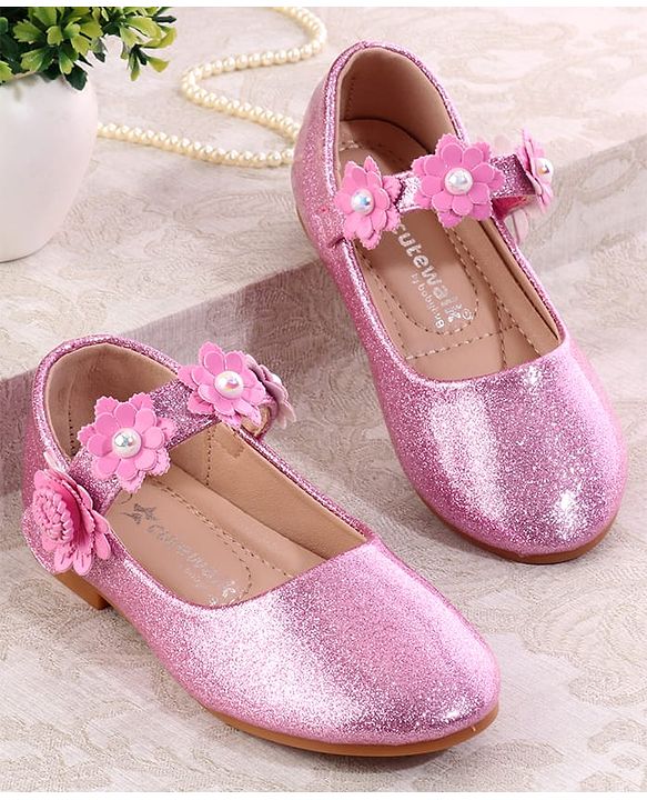 Cute Walk by Babyhug Velcro Closure Shimmery Ballerina with Floral Applique - Silver