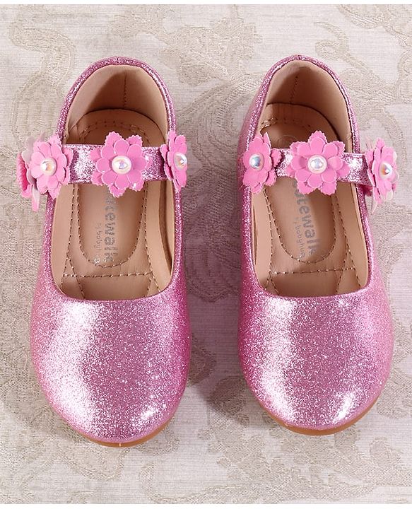 Cute Walk by Babyhug Velcro Closure Shimmery Ballerina with Floral Applique - Silver