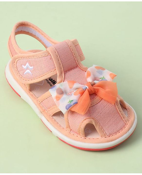 Cute Walk by Babyhug Sandals with Velcro Closure Heart Print & Bow Applique - Light Orange