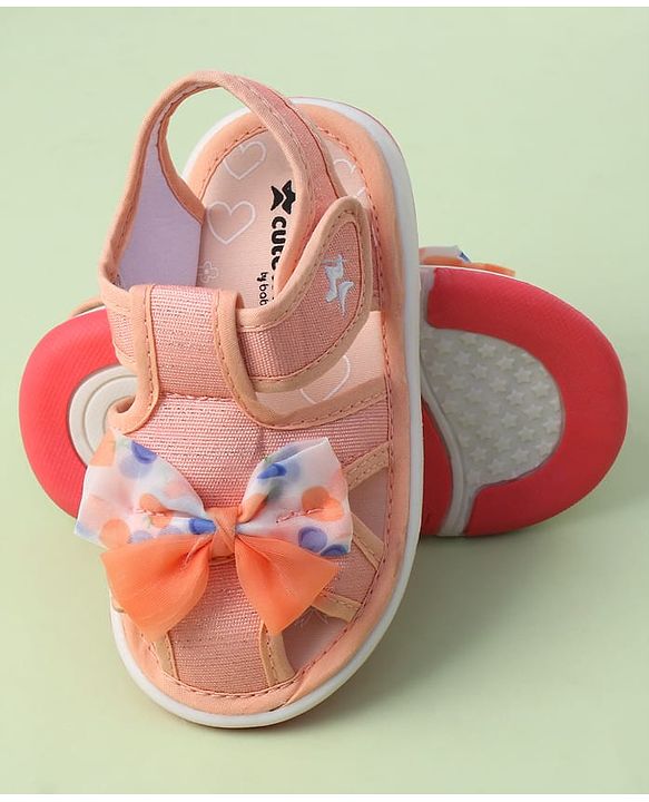 Cute Walk by Babyhug Sandals with Velcro Closure Heart Print & Bow Applique - Light Orange