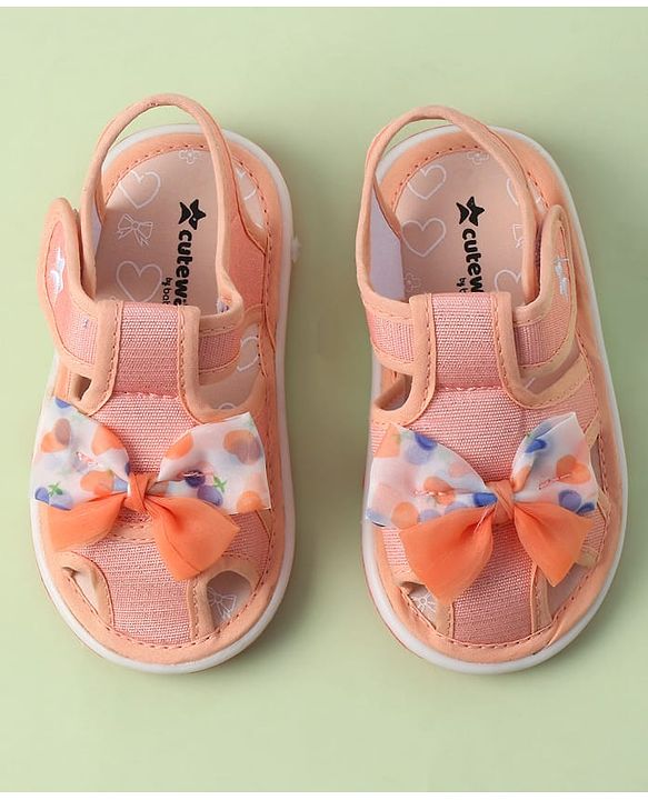 Cute Walk by Babyhug Sandals with Velcro Closure Heart Print & Bow Applique - Light Orange