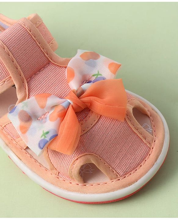 Cute Walk by Babyhug Sandals with Velcro Closure Heart Print & Bow Applique - Light Orange