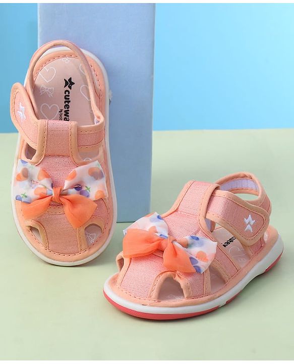 Cute Walk by Babyhug Sandals with Velcro Closure Heart Print & Bow Applique - Light Orange