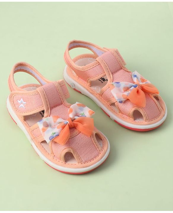 Cute Walk by Babyhug Sandals with Velcro Closure Heart Print & Bow Applique - Light Orange
