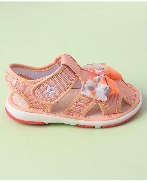 Cute Walk by Babyhug Sandals with Velcro Closure Heart Print & Bow Applique - Light Orange
