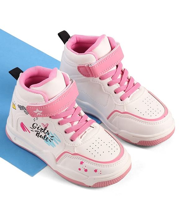Cute Walk by Babyhug Sneaker Shoes with Velcro Closure Lace Detailing & Girls Rule Print - Pink