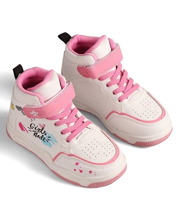 Cute Walk by Babyhug Sneaker Shoes with Velcro Closure Lace Detailing & Girls Rule Print - Pink