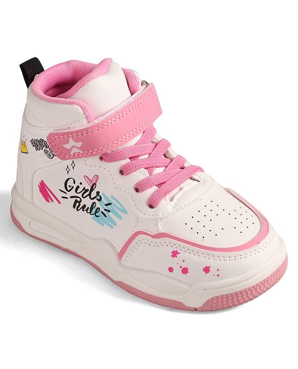 Cute Walk by Babyhug Sneaker Shoes with Velcro Closure Lace Detailing & Girls Rule Print - Pink