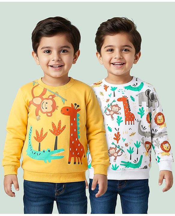 Babyhug Cotton Knit Full Sleeves Sweatshirt with Animal Graphics Pack of 2 - Yellow & White