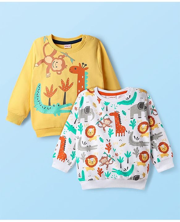 Babyhug Cotton Knit Full Sleeves Sweatshirt with Animal Graphics Pack of 2 - Yellow & White