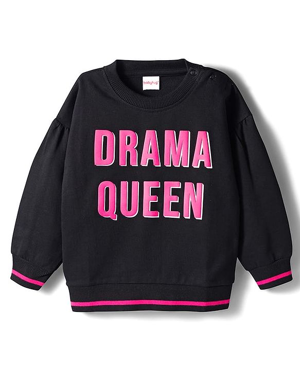 Babyhug Cotton Knit  Full Drop Shoulder Sleeves Sweatshirt with Drama Queen Text Print - Black