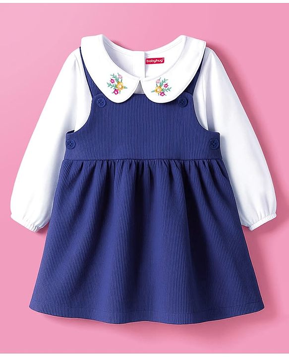 Babyhug Cotton Woven Frock with Full Sleeves Inner Tee & Floral Embroidery - Navy Blue & White