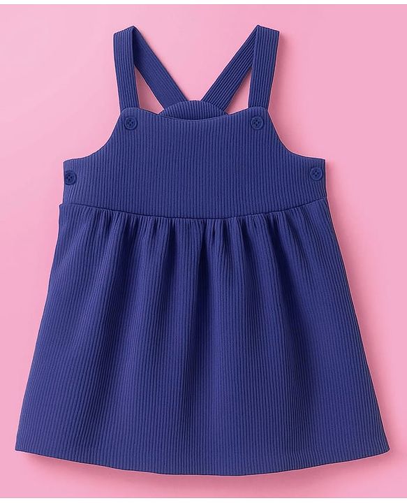 Babyhug Cotton Woven Frock with Full Sleeves Inner Tee & Floral Embroidery - Navy Blue & White