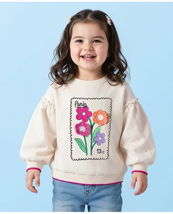 Babyhug 100% Cotton Knit Full Sleeves Sweatshirt With Floral Graphics & Crochet Applique - Off White