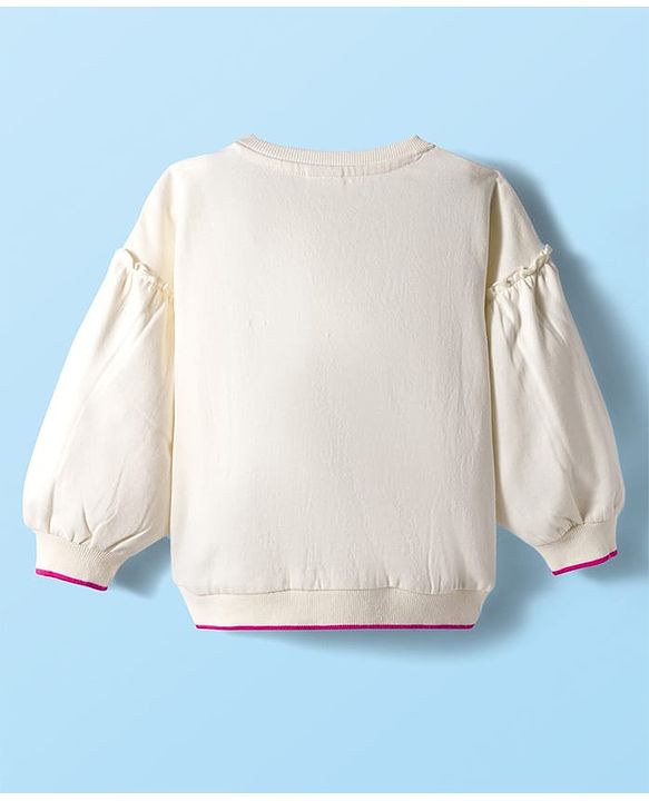 Babyhug 100% Cotton Knit Full Sleeves Sweatshirt With Floral Graphics & Crochet Applique - Off White