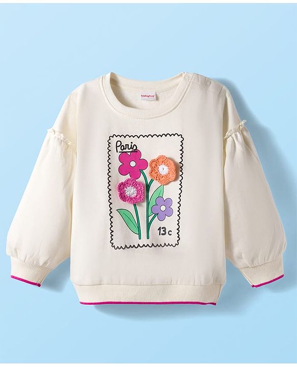 Babyhug 100% Cotton Knit Full Sleeves Sweatshirt With Floral Graphics & Crochet Applique - Off White