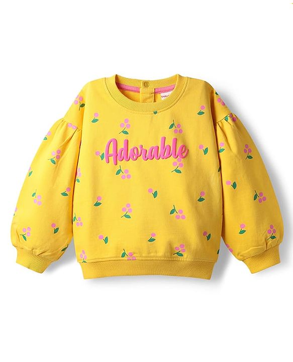 Babyhug 100% Cotton Knit Full Volume Sleeves Sweatshirt With Floral Print - Yellow