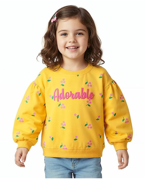 Babyhug 100% Cotton Knit Full Volume Sleeves Sweatshirt With Floral Print - Yellow