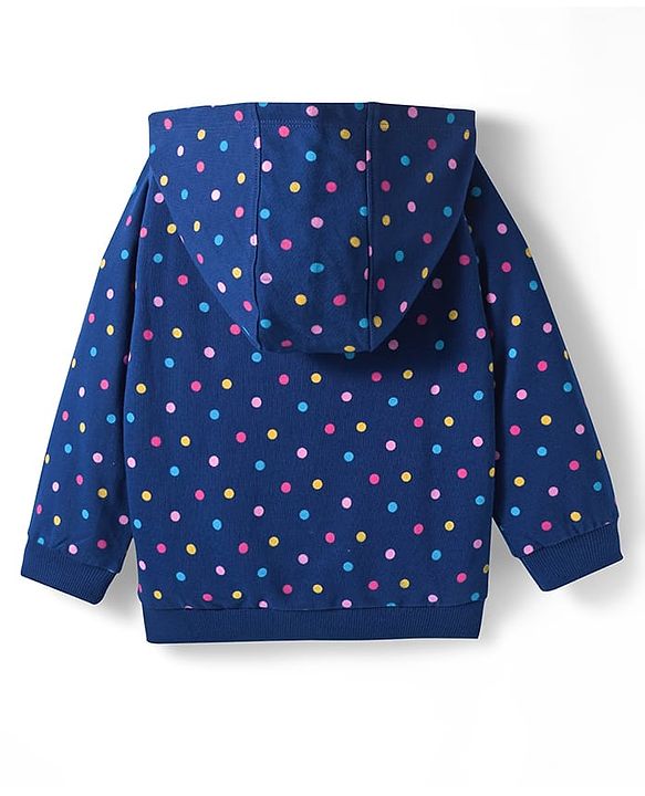 Babyhug Cotton Knit Full Sleeves Front Open Hooded Sweatjacket with Kangaroo Pocket Polka Dot & Floral Applique - Navy Blue