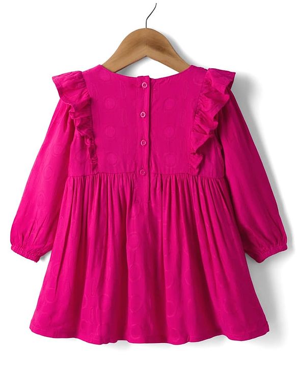 Babyhug Cotton Woven Full Sleeves Frock with Floral Embroidery & Frill Detailing - Pink