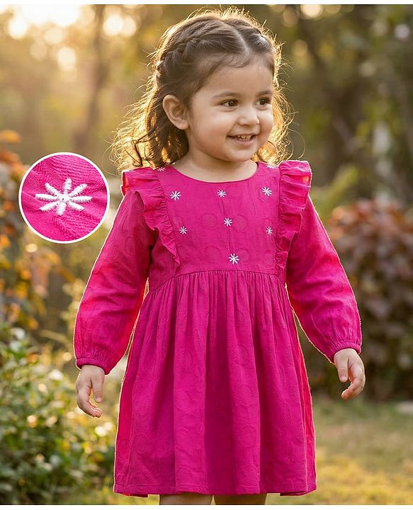 Babyhug Cotton Woven Full Sleeves Frock with Floral Embroidery & Frill Detailing - Pink