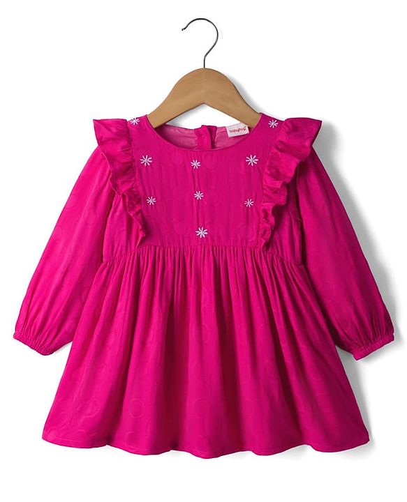 Babyhug Cotton Woven Full Sleeves Frock with Floral Embroidery & Frill Detailing - Pink