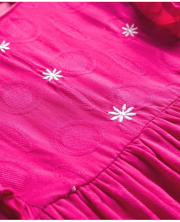 Babyhug Cotton Woven Full Sleeves Frock with Floral Embroidery & Frill Detailing - Pink