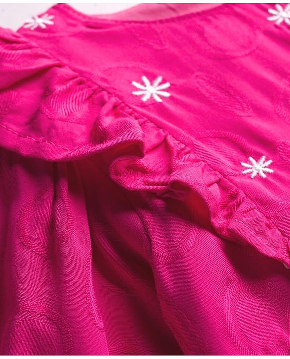 Babyhug Cotton Woven Full Sleeves Frock with Floral Embroidery & Frill Detailing - Pink