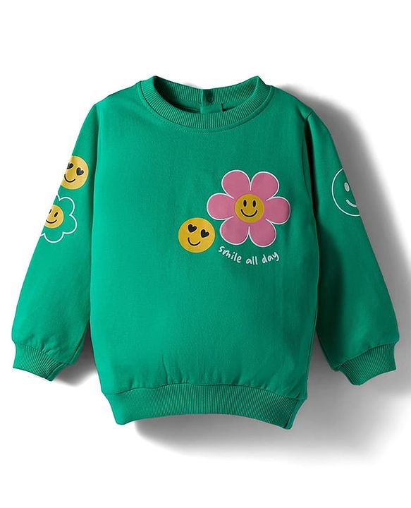 Babyhug Cotton Knit Full Sleeves Sweatshirt With Floral Print - Green