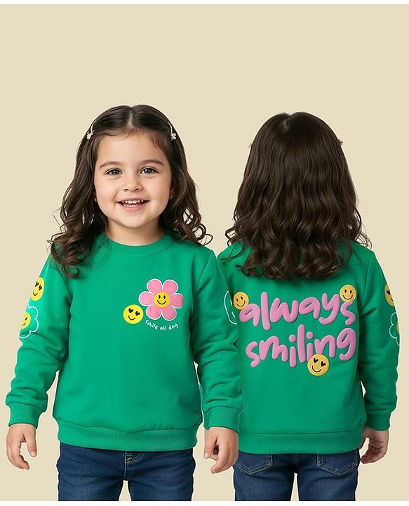 Babyhug Cotton Knit Full Sleeves Sweatshirt With Floral Print - Green
