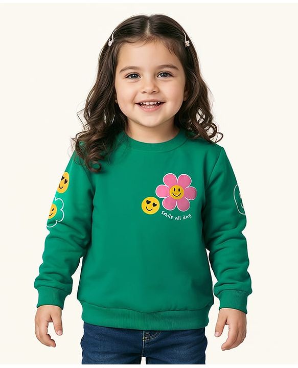 Babyhug Cotton Knit Full Sleeves Sweatshirt With Floral Print - Green