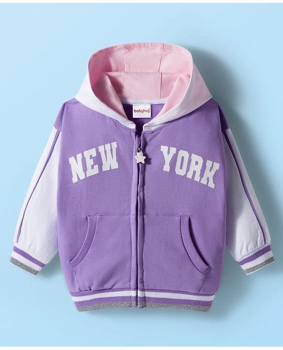 Babyhug Cotton Knit Full Sleeves Hooded SweatJacket with Front & Back Text Graphic & Kangaroo Pocket - Purple